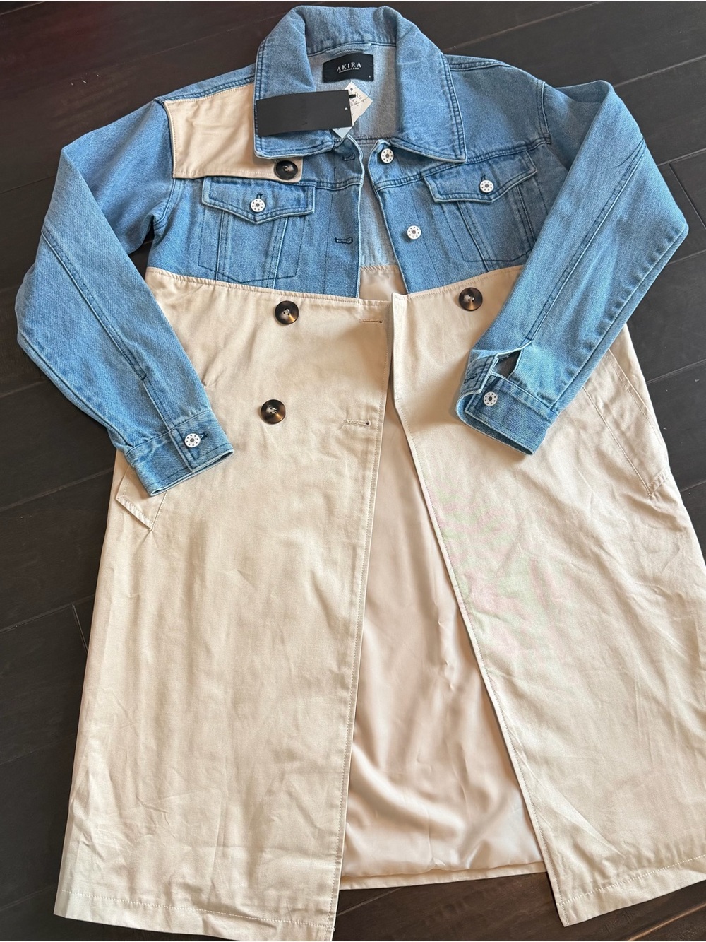 AKIRA Two-Tone Denim Top Trench Coat in Blue & Cream